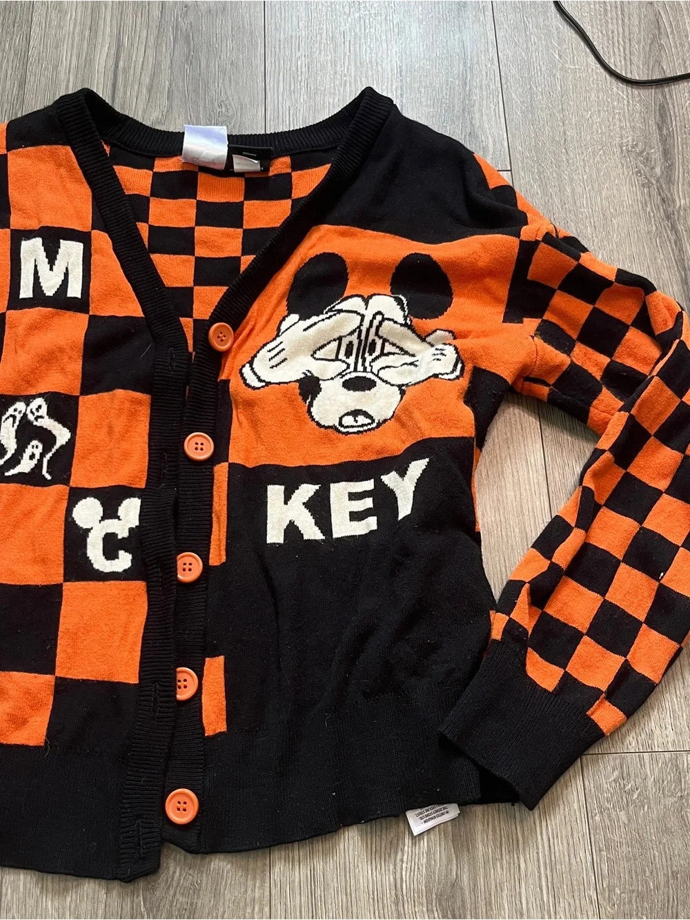 Disney Her Universe Womens Orange Black Checker Mickey Halloween Cardigan Size L